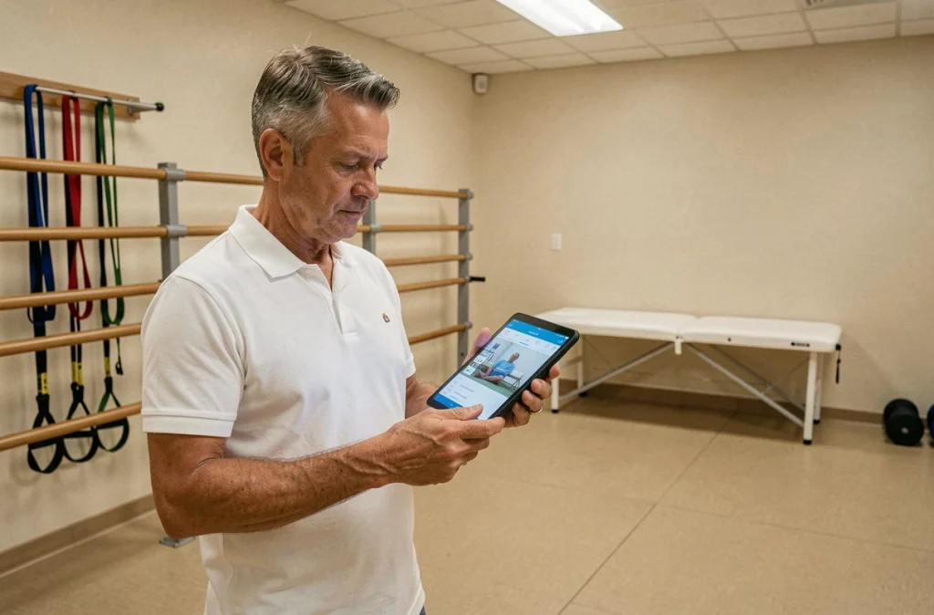 Kinésithérapeute utilisant une tablette numérique pour un suivi patient à distance en salle de rééducation