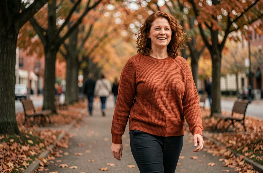 Femme marchant dans un parc en automne pour réduire le stress et maintenir un poids équilibré