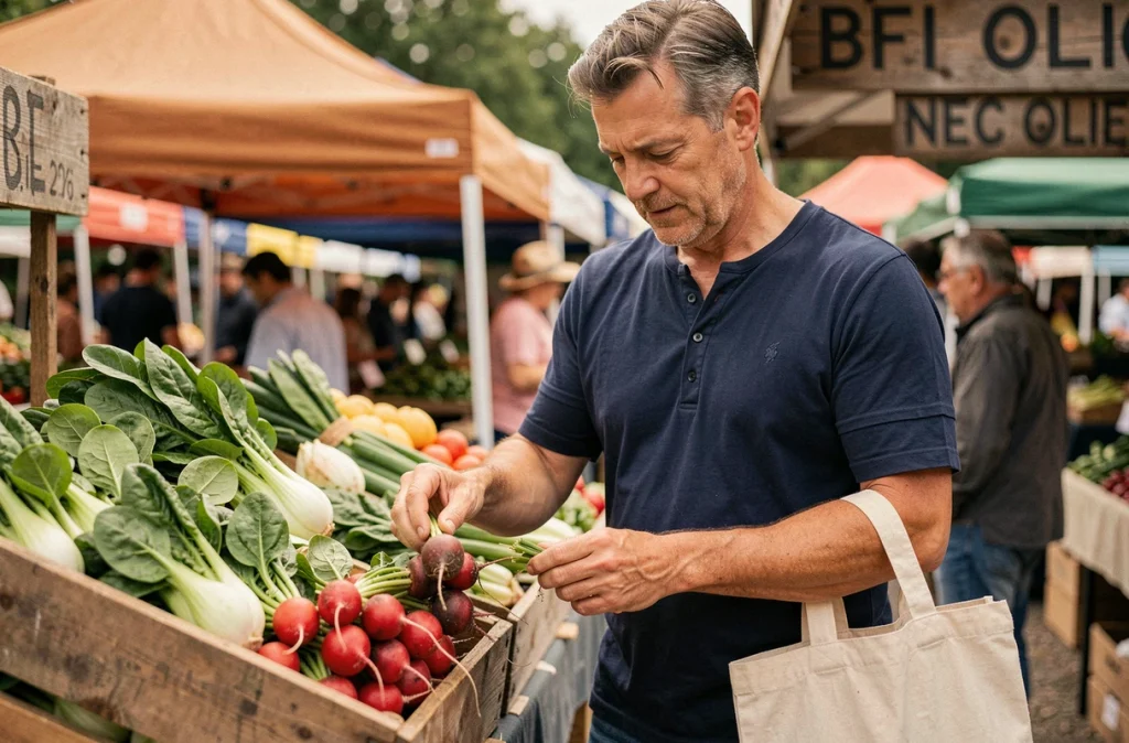 Homme sélectionnant des légumes peu caloriques comme radis, épinards et endives sur un marché fermier en plein air pour des recettes saines
