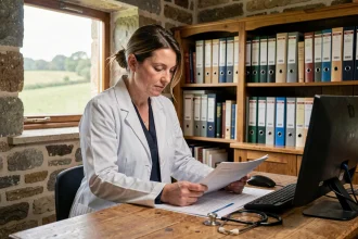 Médecin généraliste féminine consultant des documents dans un cabinet médical rural aux murs en pierre