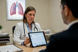 Médecin généraliste en consultation expliquant une hausse des allergies respiratoires au printemps à son patient
