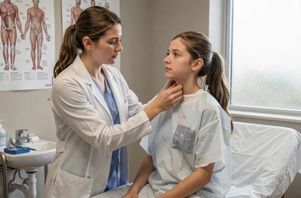Médecin palpant les ganglions cervicaux d'une adolescente lors d'une consultation médicale pour diagnostic de mononucléose infectieuse