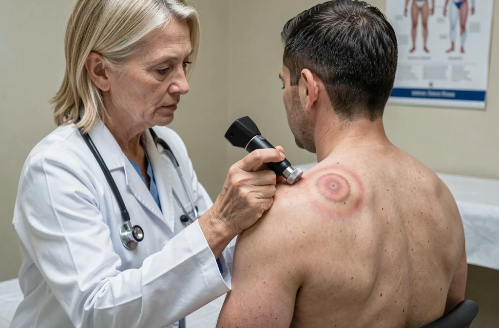 Médecin examinant une éruption cutanée en forme de cible sur le dos d'un patient, diagnostic possible de la maladie de Lyme