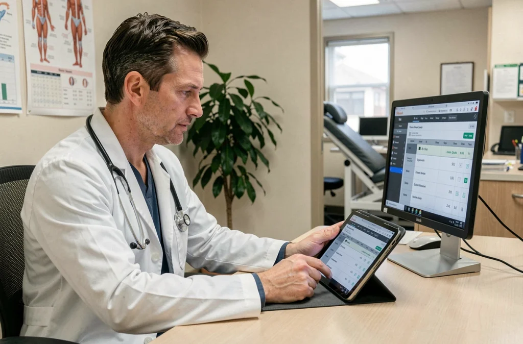 Médecin généraliste consultant un planning de disponibilités médicales en urgence sur tablette