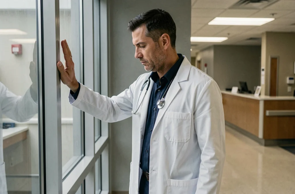 Médecin fatigué debout devant une fenêtre de couloir hospitalier en pleine réflexion, symbolisant le stress professionnel et la prévention du burn-out dans le milieu médical