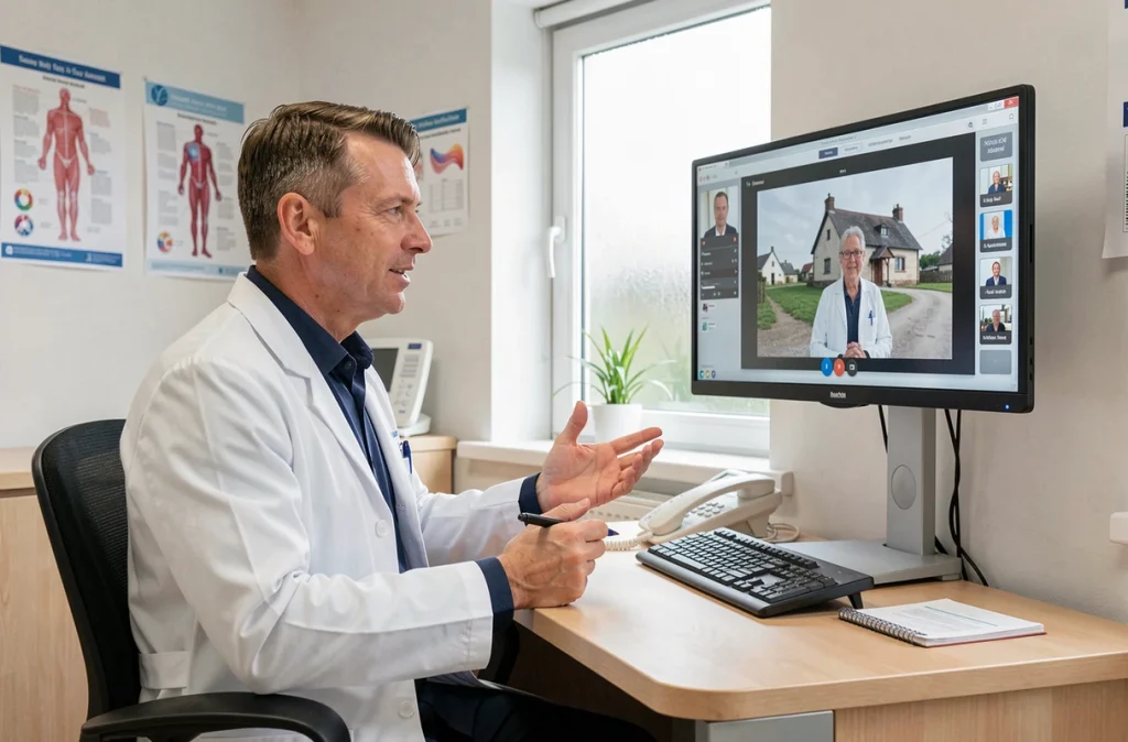 Médecin généraliste en téléconsultation dans un cabinet médical rural face à un écran avec un patient à distance