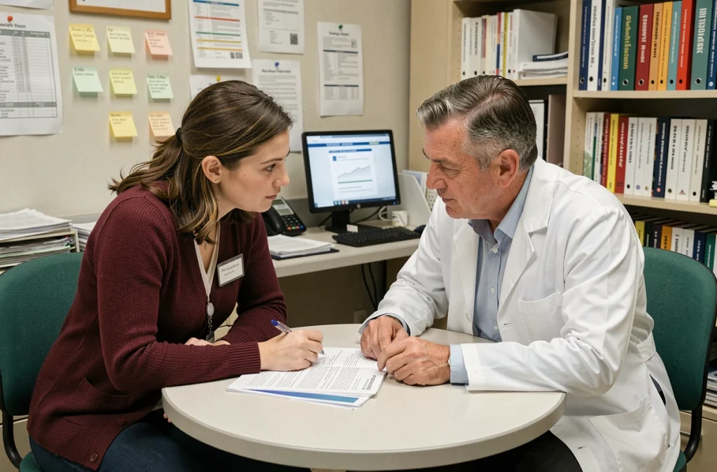 Médecin et assistante sociale en discussion interdisciplinaire dans un bureau hospitalier autour de documents médicaux