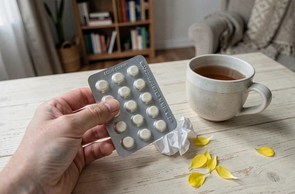 Médicaments antihistaminiques et mouchoir sur une table en bois avec des pétales de fleurs printanières, symbolisant le traitement des allergies saisonnières