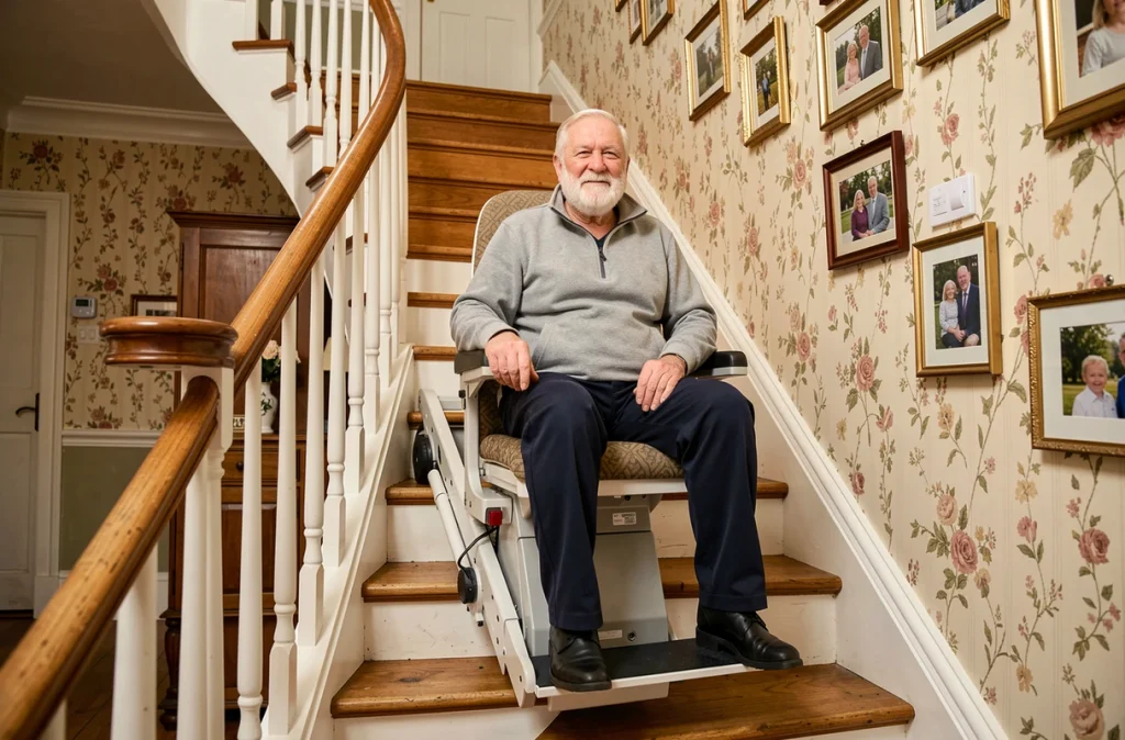 Homme âgé utilisant un monte-escalier pour se déplacer en toute sécurité dans sa maison