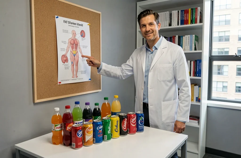 Nutritionniste expliquant les effets des boissons sucrées sur le stockage des graisses dans un cabinet médical