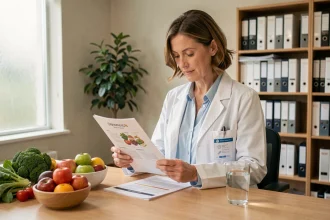 Nutritionniste examinant les nouvelles recommandations alimentaires officielles dans un cabinet médical moderne entouré de fruits et légumes frais