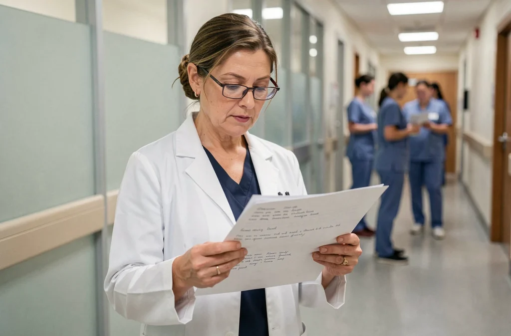 Obstétricienne consultant un dossier médical dans un couloir de maternité pour le suivi du travail obstétrical