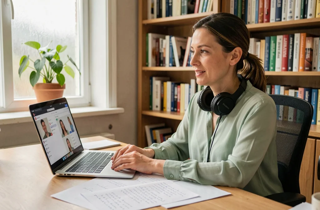 Orthophoniste en séance de télérééducation depuis son bureau à domicile avec logiciel de télémédecine ouvert