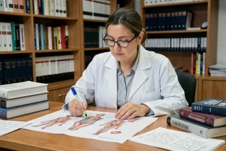 Ostéopathe femme étudiant des diagrammes anatomiques à son bureau lors d'une formation continue