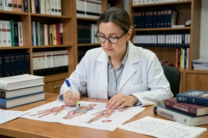 Ostéopathe femme étudiant des diagrammes anatomiques à son bureau lors d'une formation continue