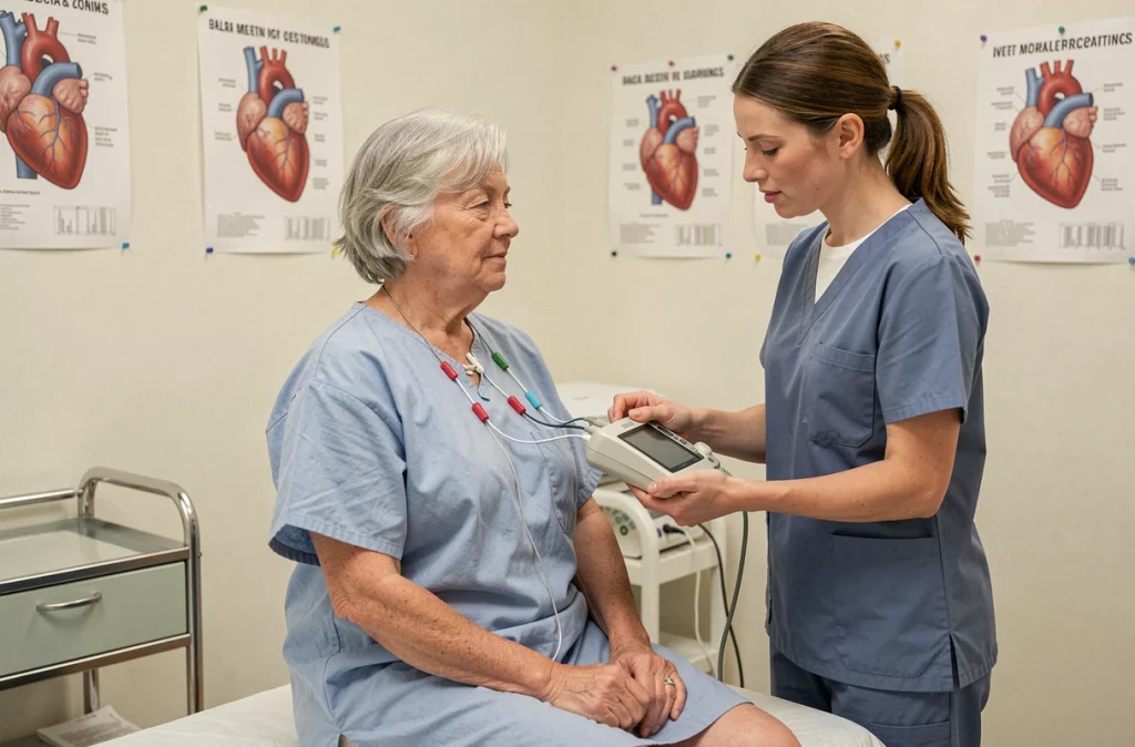 Patiente âgée subissant un examen cardiaque avec électrodes dans une salle de consultation médicale