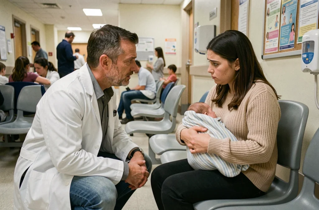 Pédiatre discutant avec une mère inquiète tenant son bébé en salle d'attente pendant l'épidémie de bronchiolite