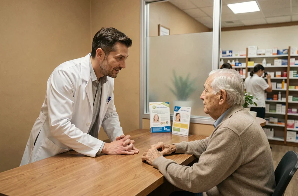 Pharmacien en entretien de conseil avec un patient âgé dans un espace de consultation officinal, symbolisant le rôle élargi du pharmacien de santé