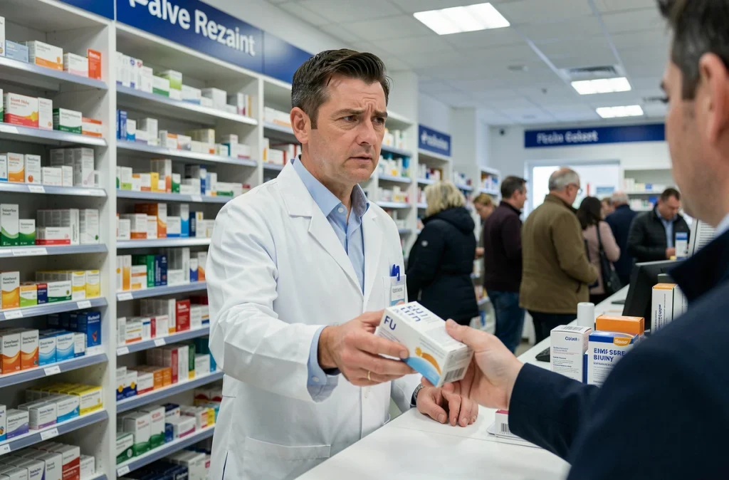 Pharmacien belge remettant un médicament contre la grippe à un client dans une pharmacie en hiver