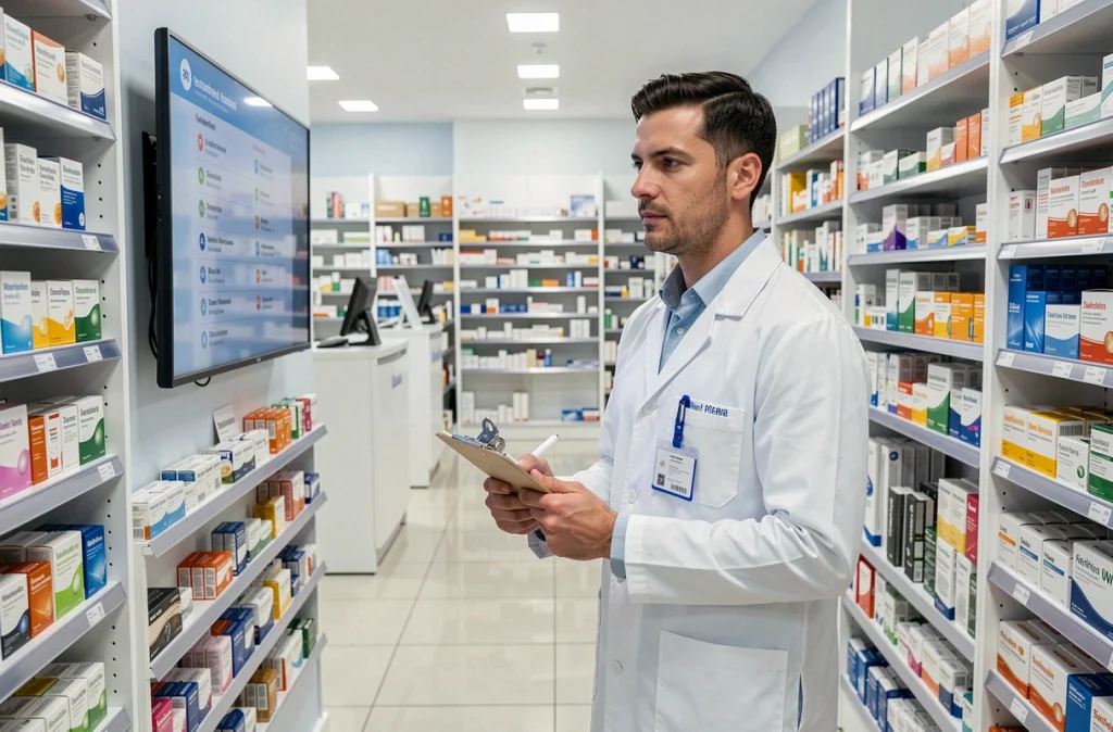 Pharmacien consultant un écran d'information sur les médicaments en vente libre dans une pharmacie française