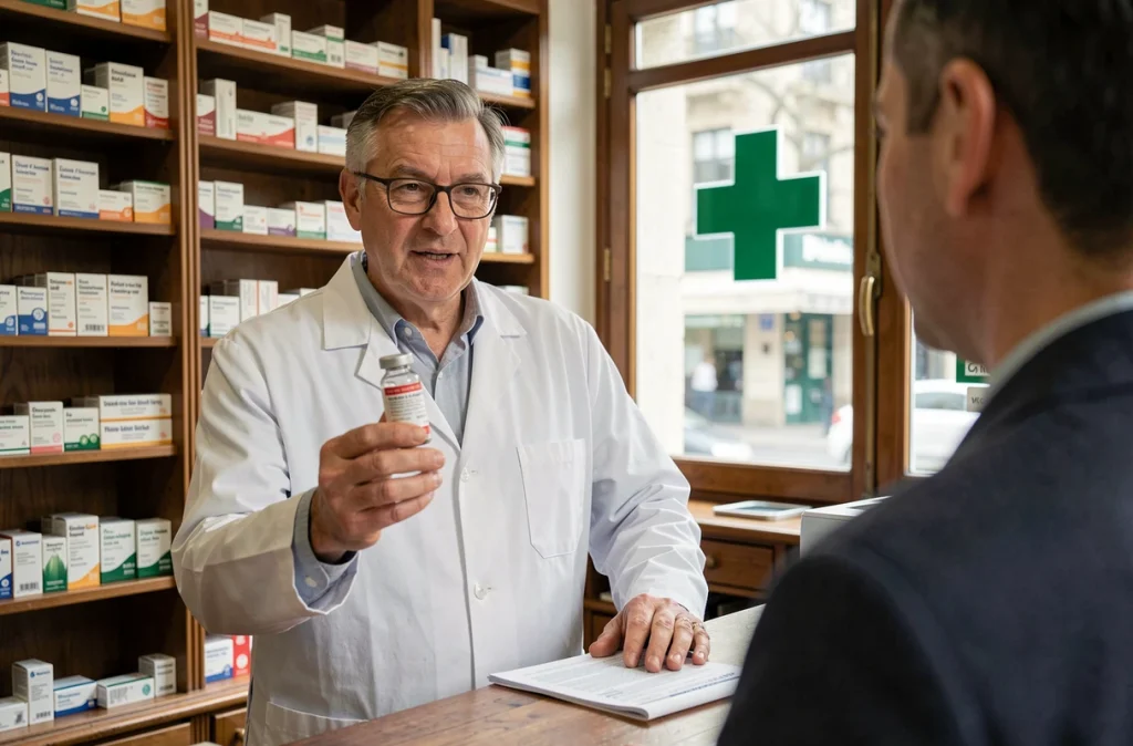 Pharmacien français présentant un flacon de vaccin antigrippal derrière le comptoir d'une pharmacie traditionnelle