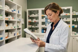 Pharmacienne consultant un dossier patient sur tablette dans une pharmacie moderne, illustrant l'évolution du rôle du pharmacien dans le parcours de soins