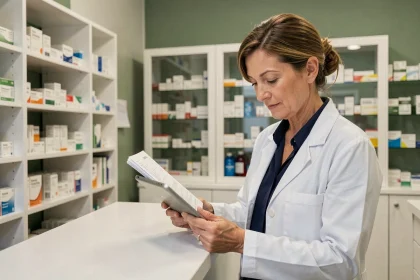 Pharmacienne consultant un dossier patient sur tablette dans une pharmacie moderne, illustrant l'évolution du rôle du pharmacien dans le parcours de soins