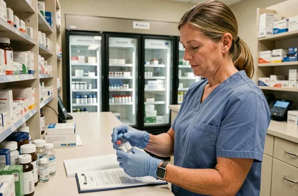Pharmacienne hospitalière préparant des vaccins contre la rougeole dans une pharmacie de centre hospitalier