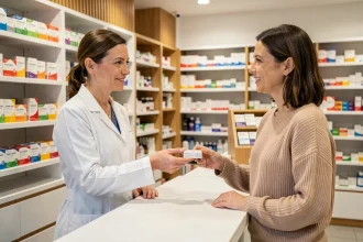 Pharmacienne remettant une boîte de médicaments à une cliente au comptoir d'une pharmacie moderne sans ordonnance