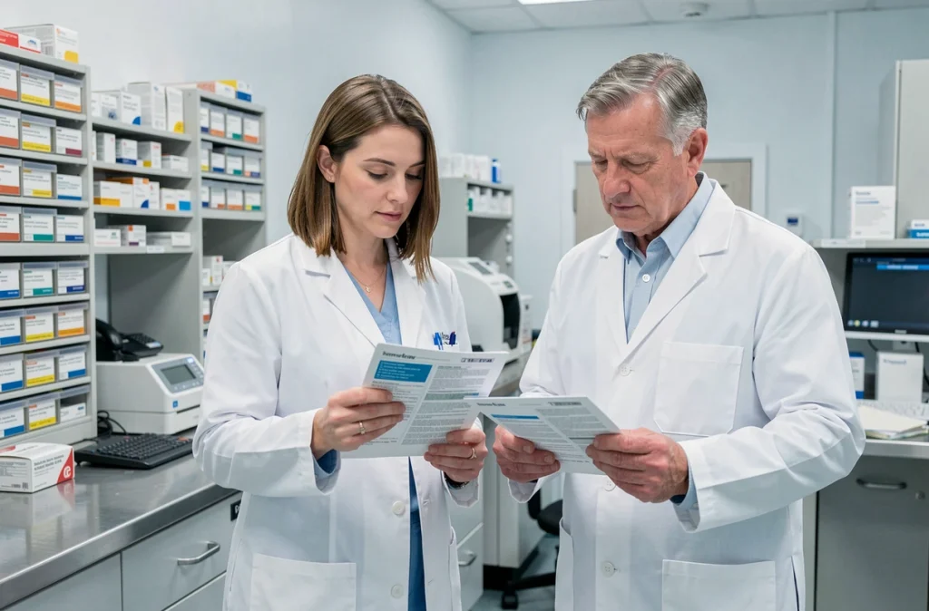 Deux pharmaciens hospitaliers collaborant sur des fiches de médicaments dans une pharmacie hospitalière, illustrant la coordination interprofessionnelle dans le parcours de soins