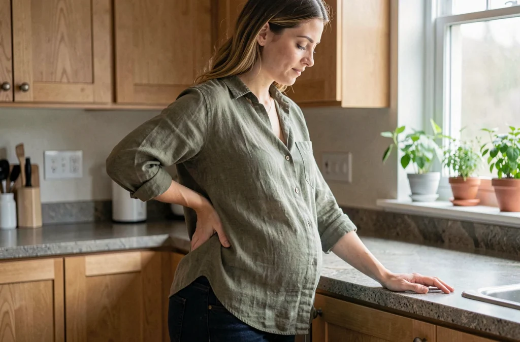 Femme enceinte debout dans sa cuisine avec une bonne posture pour prévenir les douleurs lombaires