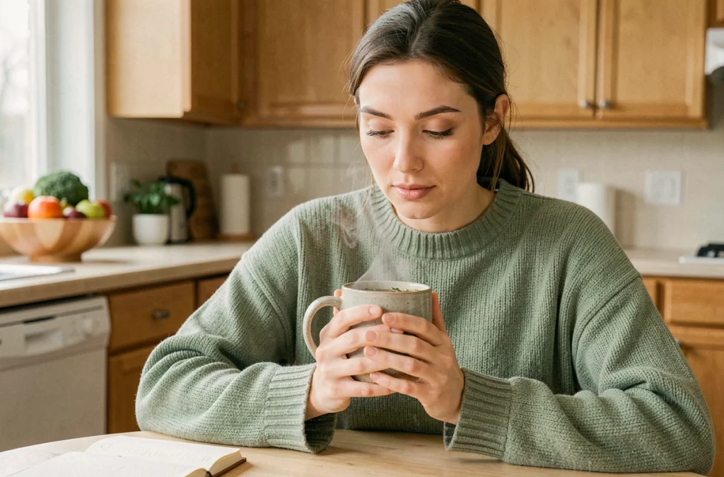 Femme au premier trimestre de grossesse attablée dans une cuisine chaleureuse, tenant une tasse de tisane, cahier ouvert devant elle, reflétant l'introspection liée aux bouleversements hormonaux