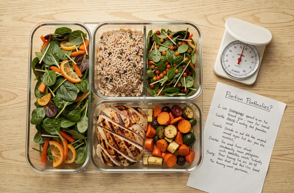 Préparation de repas avec des portions mesurées dans des boîtes en verre sur une table en bois vue de dessus