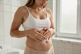 Femme appliquant une crème hydratante sur son ventre pour prévenir les vergetures dans une salle de bain minimaliste