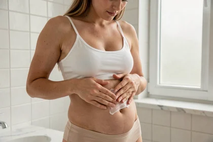 Femme appliquant une crème hydratante sur son ventre pour prévenir les vergetures dans une salle de bain minimaliste