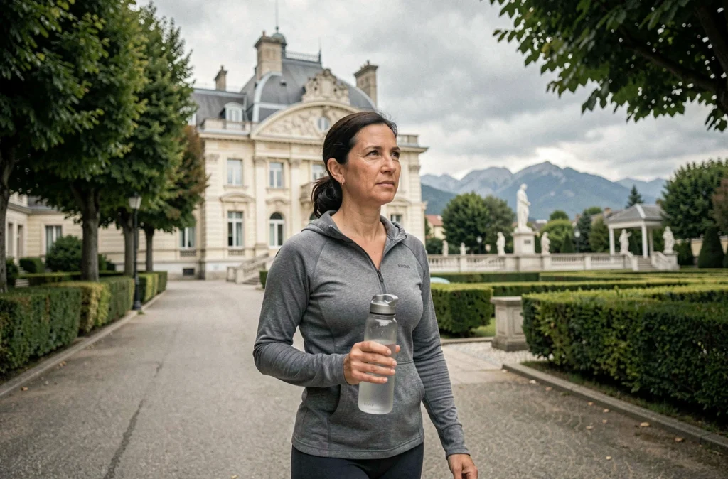 Femme se promenant dans une station thermale française lors d'une cure neurologique contre la fatigue chronique