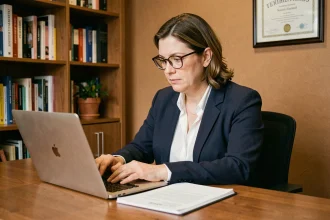 Psychologue en cabinet consultant des notes de patients sur ordinateur portable, bureau professionnel avec livres et diplôme