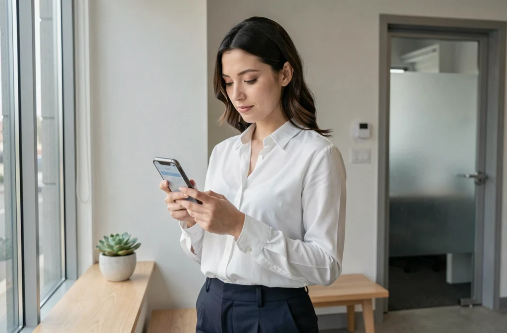 Jeune psychologue gérant son agenda de consultations sur smartphone dans un cabinet moderne et épuré