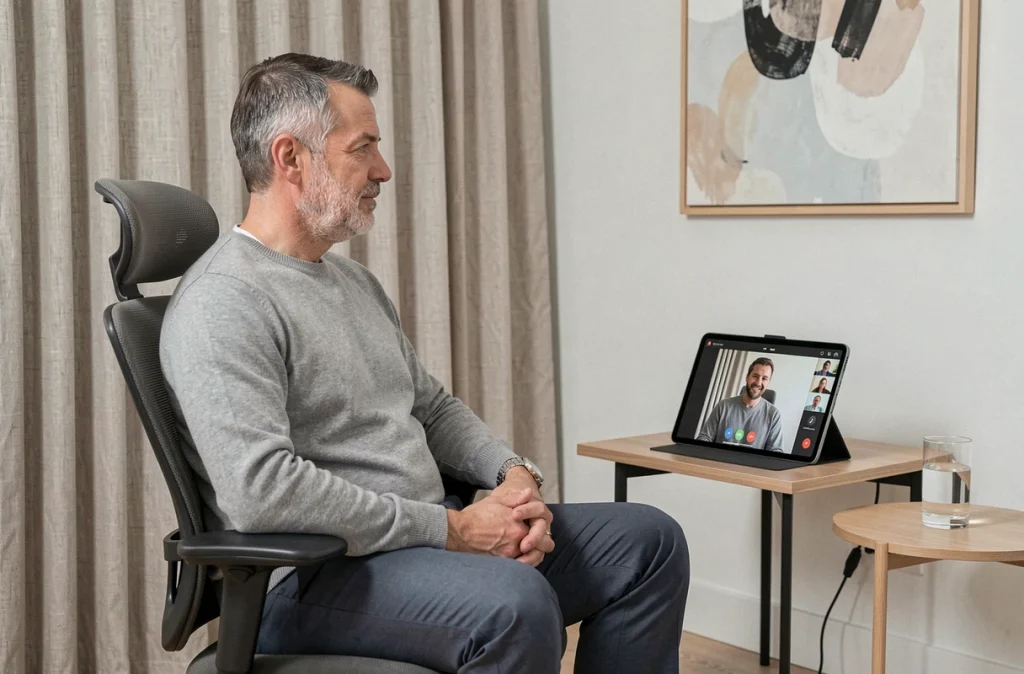 Psychologue homme réalisant une séance de thérapie en ligne par vidéo sur tablette dans un cabinet apaisant