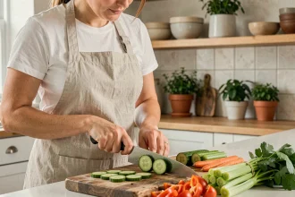 Femme préparant des légumes peu caloriques comme le concombre et le céleri dans une cuisine maison pour des recettes express saines