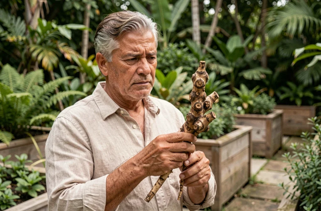 Homme tenant un rhizome de costus indien fraîchement récolté dans un jardin botanique pour illustrer les méthodes de conservation