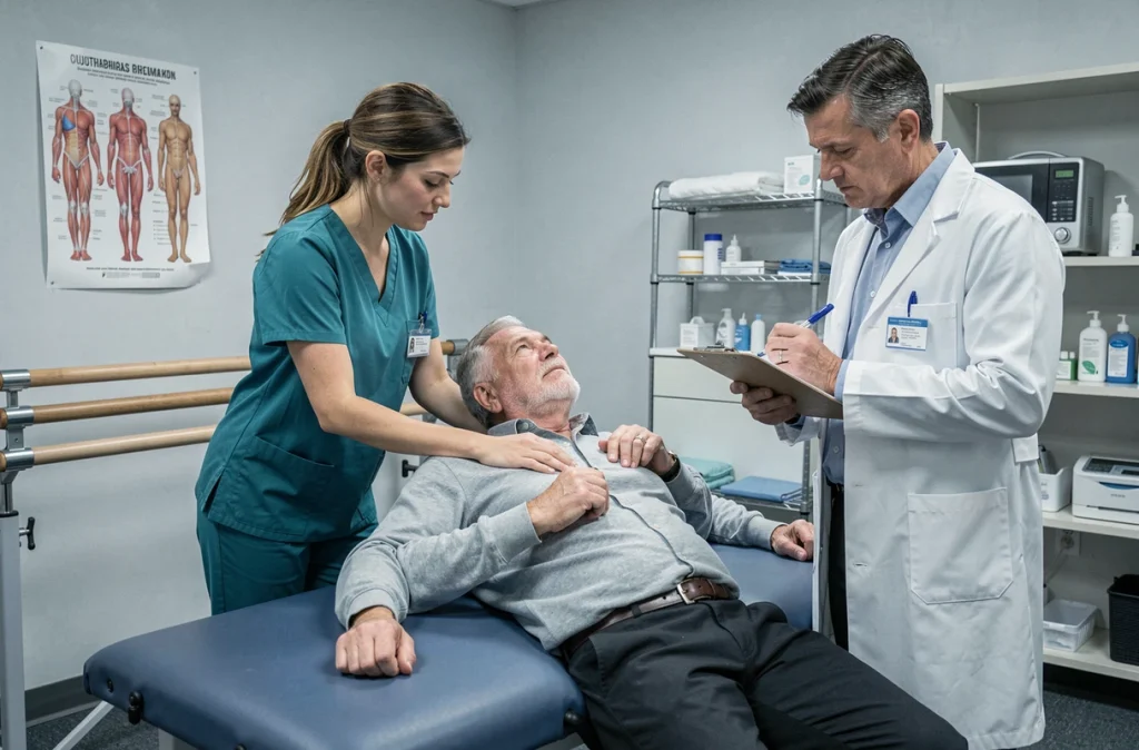 Kinésithérapeute supervisant la rééducation d'un patient en présence d'un médecin généraliste dans une salle de kinésithérapie