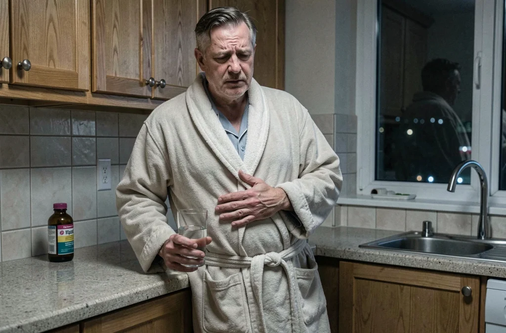 Homme en peignoir debout dans la cuisine la nuit tenant un verre d'eau en raison de symptômes de reflux gastro-œsophagien