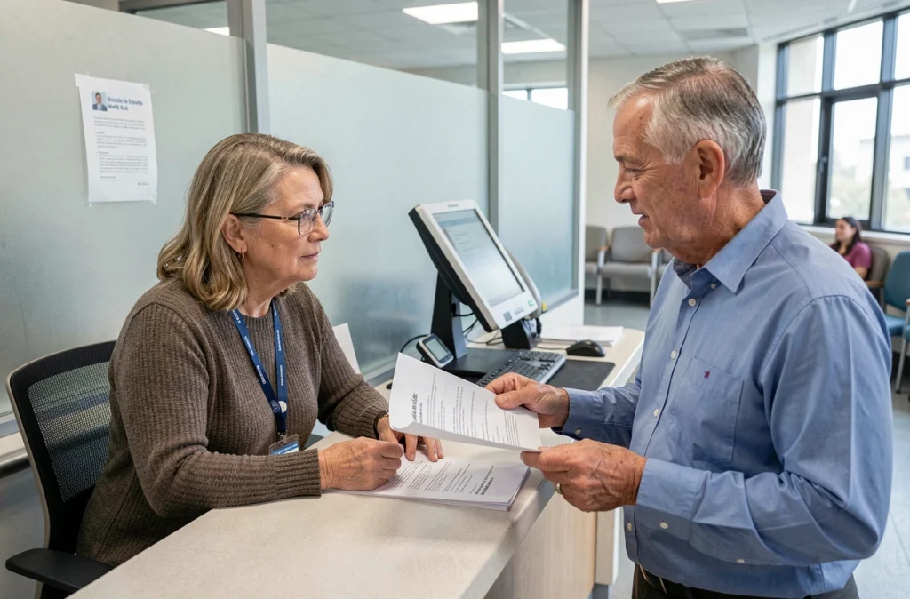 Patient et agent administratif à l'accueil d'un hôpital traitant de la prise en charge et du remboursement d'un PET scan