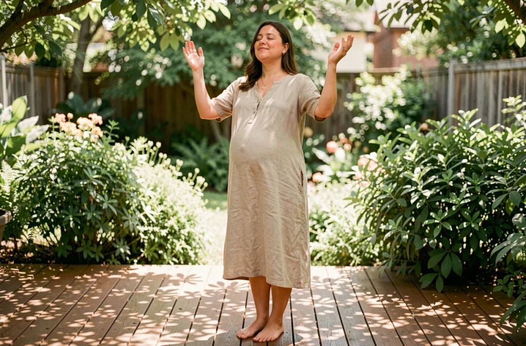 Femme enceinte pratiquant la respiration profonde en plein air dans un jardin verdoyant pour se relaxer