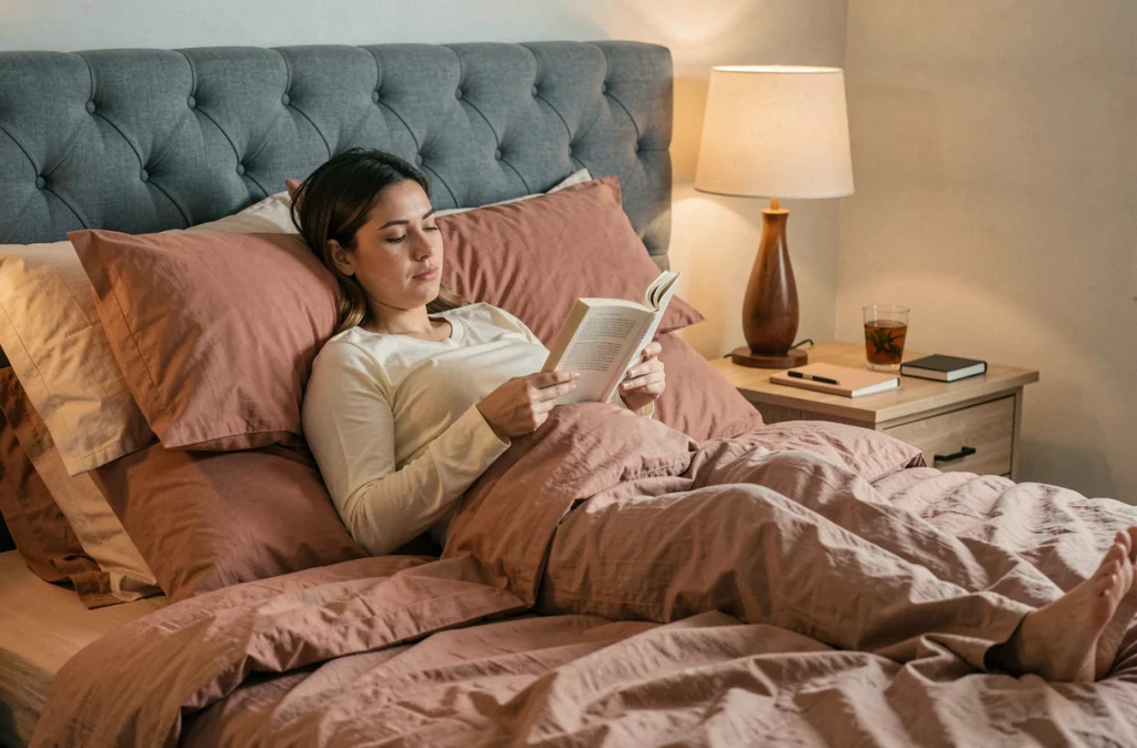 Femme enceinte se relaxant dans son lit en lisant avant de dormir entourée d'oreillers
