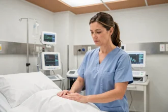 Sage-femme en tenue médicale effectuant un examen obstétrical dans une salle d'accouchement moderne