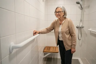 Femme âgée utilisant une barre d'appui dans une salle de bain adaptée pour le maintien à domicile