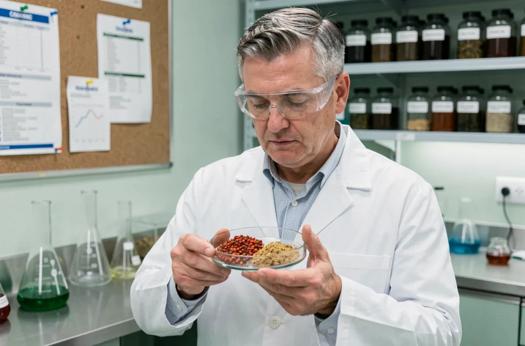 Scientifique en laboratoire analysant des extraits d'aliments thermogéniques comme la capsaïcine dans un cadre de recherche