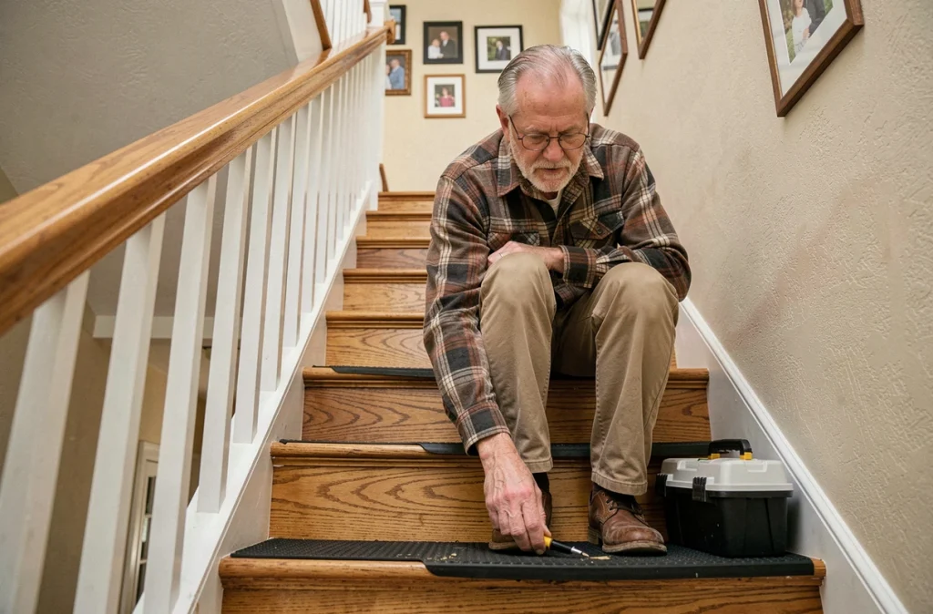 Un homme senior installe des bandes antidérapantes sur un escalier intérieur pour sécuriser son domicile